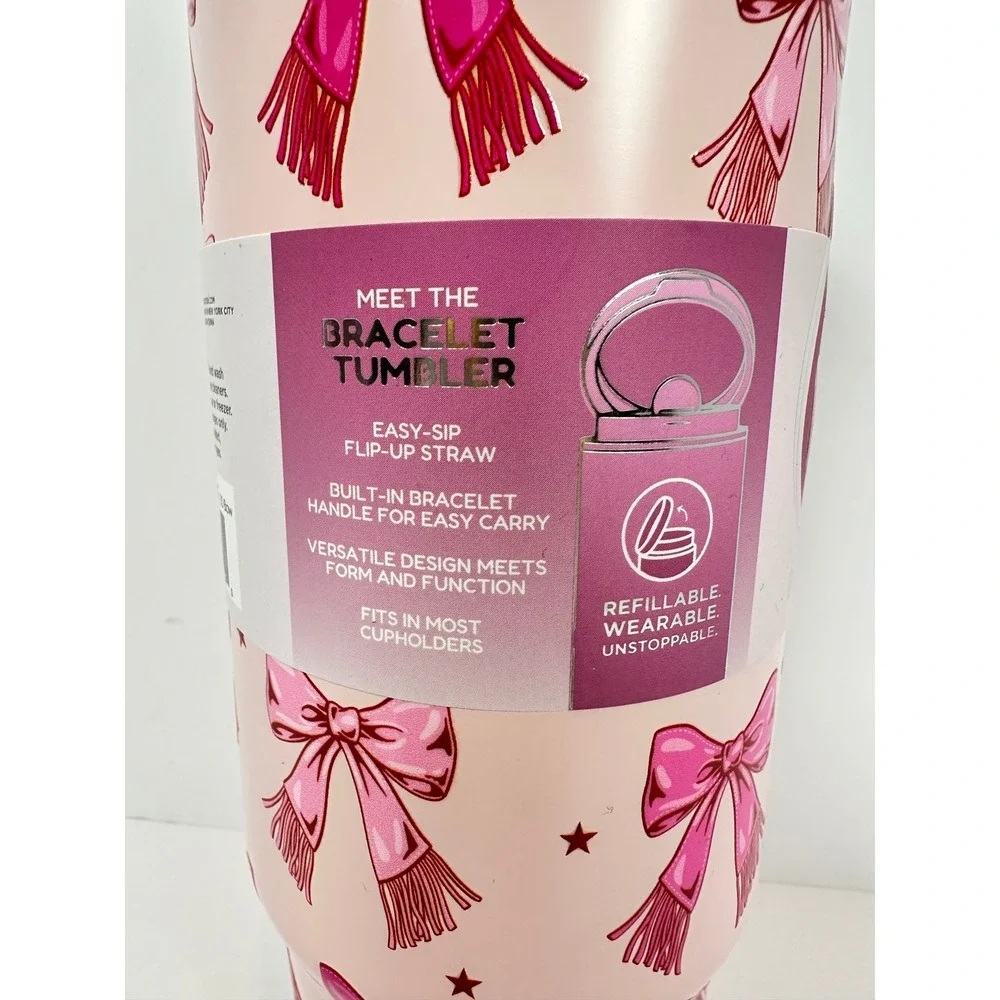 Manna Bracelet Tumbler Women 32oz‎ Pink NEW 3D Bow Stainless Steel Straw Handle